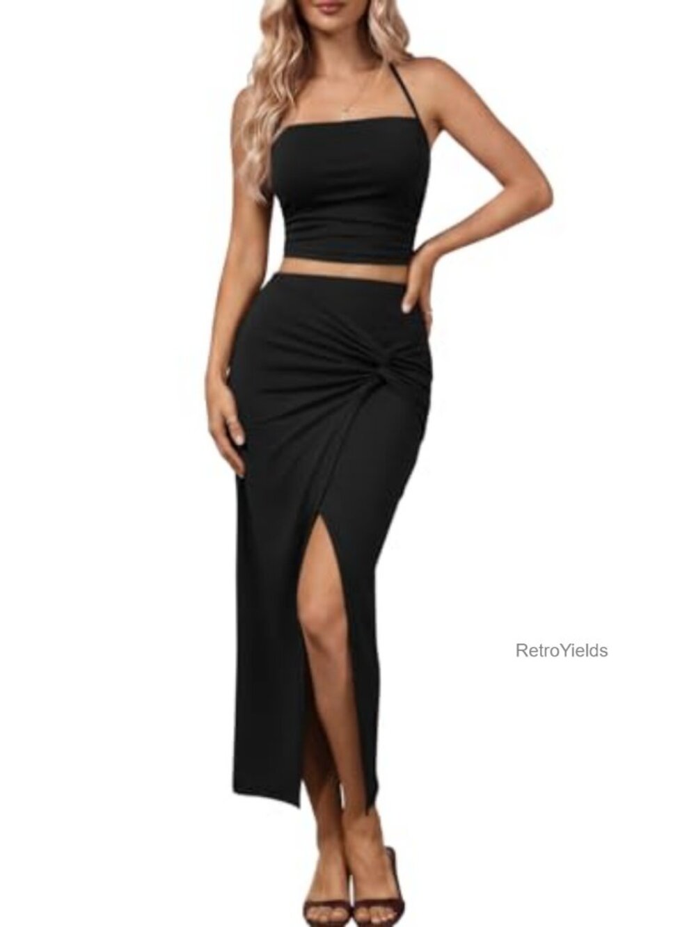 Ruched Halter Crop Top Bodycon Long Skirt 2 Piece Set Summer Vacation Outfit